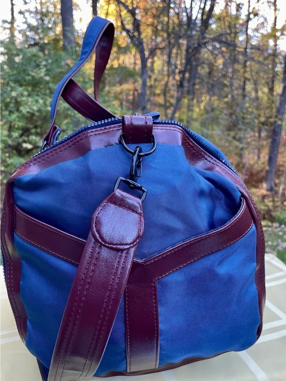 Yves St Laurent YSL Navy Blue Duffel with Brown Leather Trim